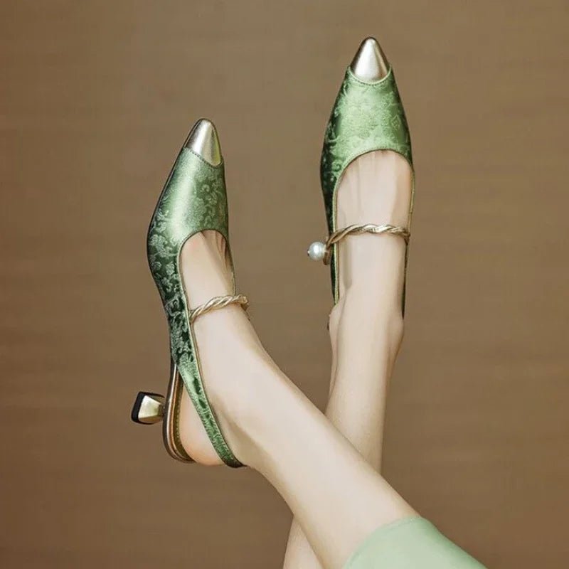 Women's Floral Jacquard Pearl-Strap Pointed-Toe Slingback Kitten Heel Pumps