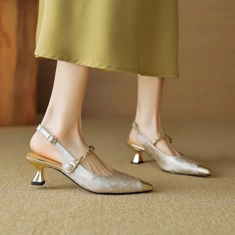 Women's Floral Jacquard Pearl-Strap Pointed-Toe Slingback Kitten Heel Pumps - Beige