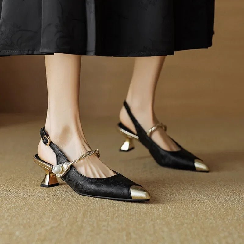 Women's Floral Jacquard Pearl-Strap Pointed-Toe Slingback Kitten Heel Pumps - Black