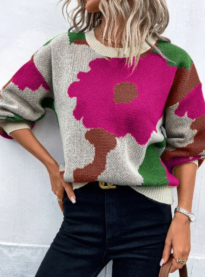 Women's Floral Knit Relaxed-Fit Crewneck Pullover Sweater - Red