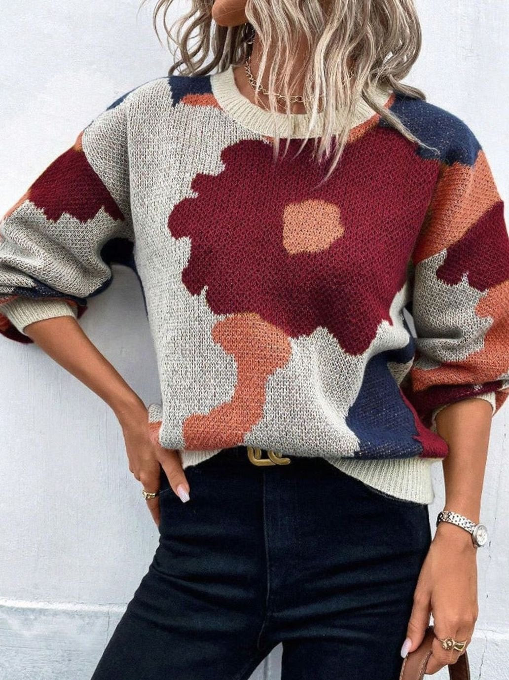 Women's Floral Knit Relaxed-Fit Crewneck Pullover Sweater - Brown