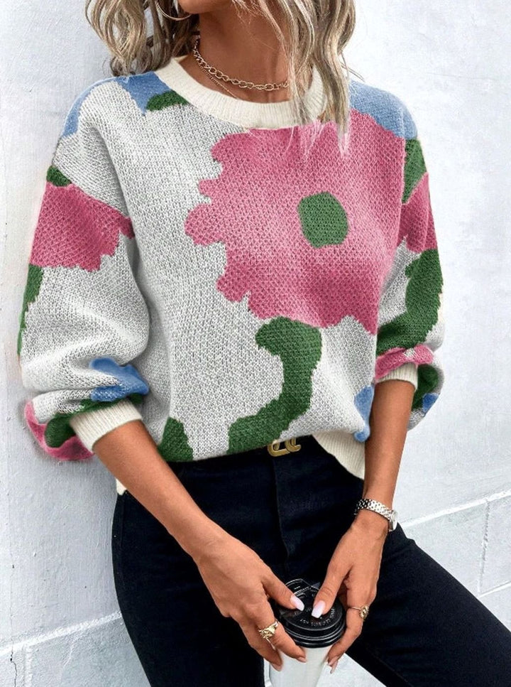 Women's Floral Knit Relaxed-Fit Crewneck Pullover Sweater - Pink