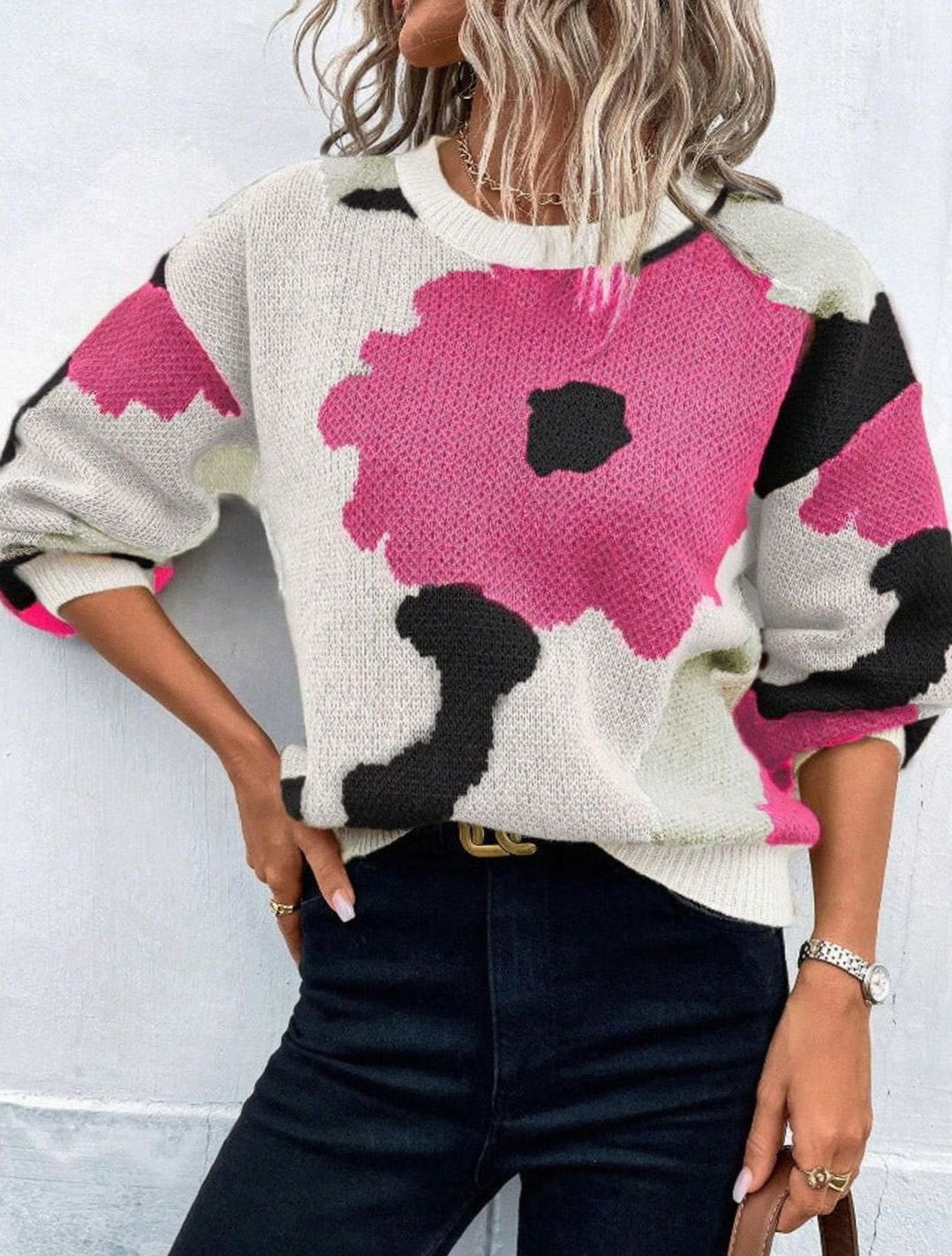 Women's Floral Knit Relaxed-Fit Crewneck Pullover Sweater - Rose Red