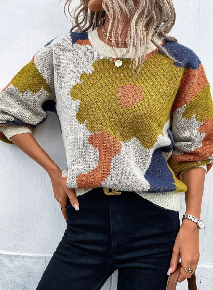 Women's Floral Knit Relaxed-Fit Crewneck Pullover Sweater - Khaki