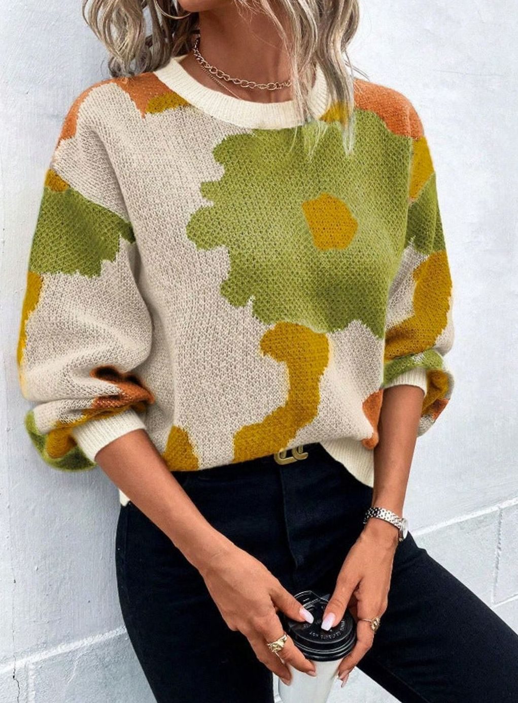 Women's Floral Knit Relaxed-Fit Crewneck Pullover Sweater - Green