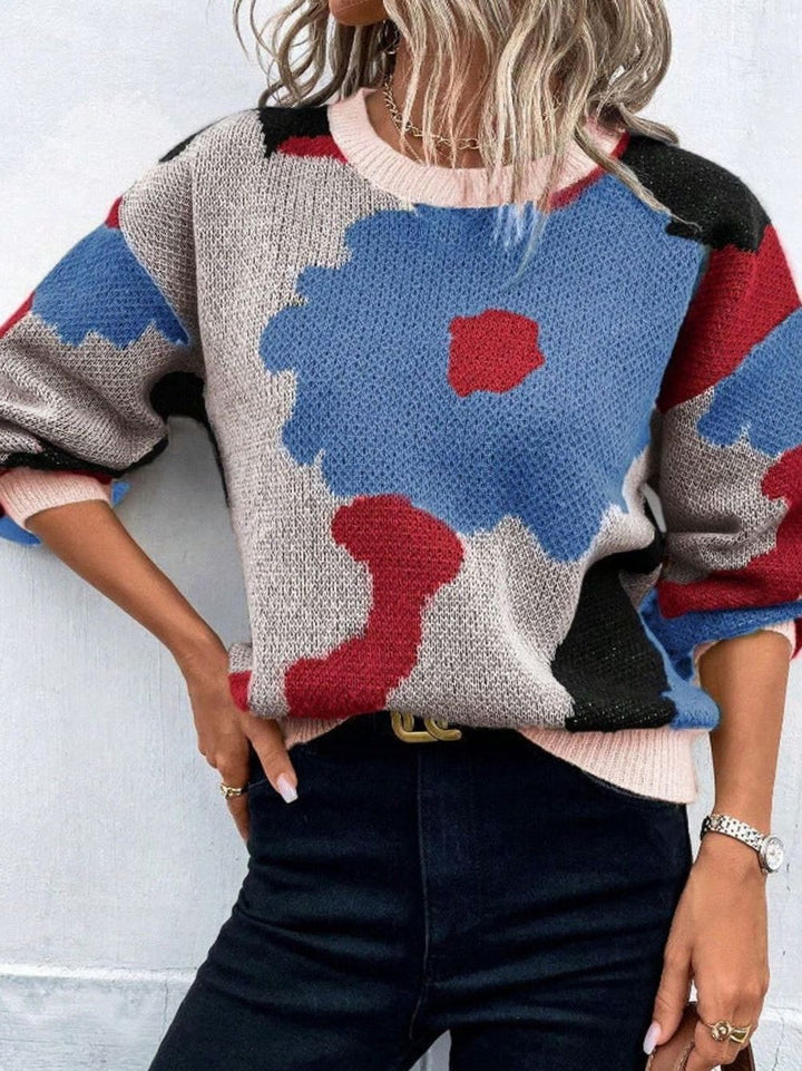 Women's Floral Knit Relaxed-Fit Crewneck Pullover Sweater - Royal Blue