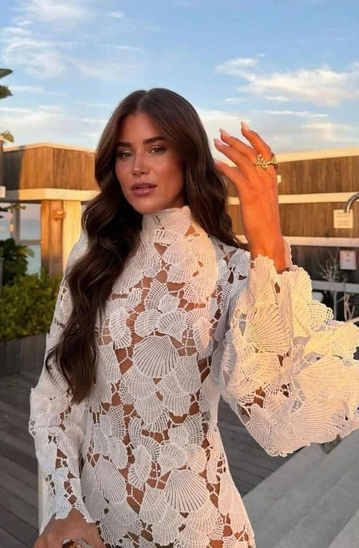 Women's Floral Lace High-Neck Long-Sleeve Mini Cocktail Dress