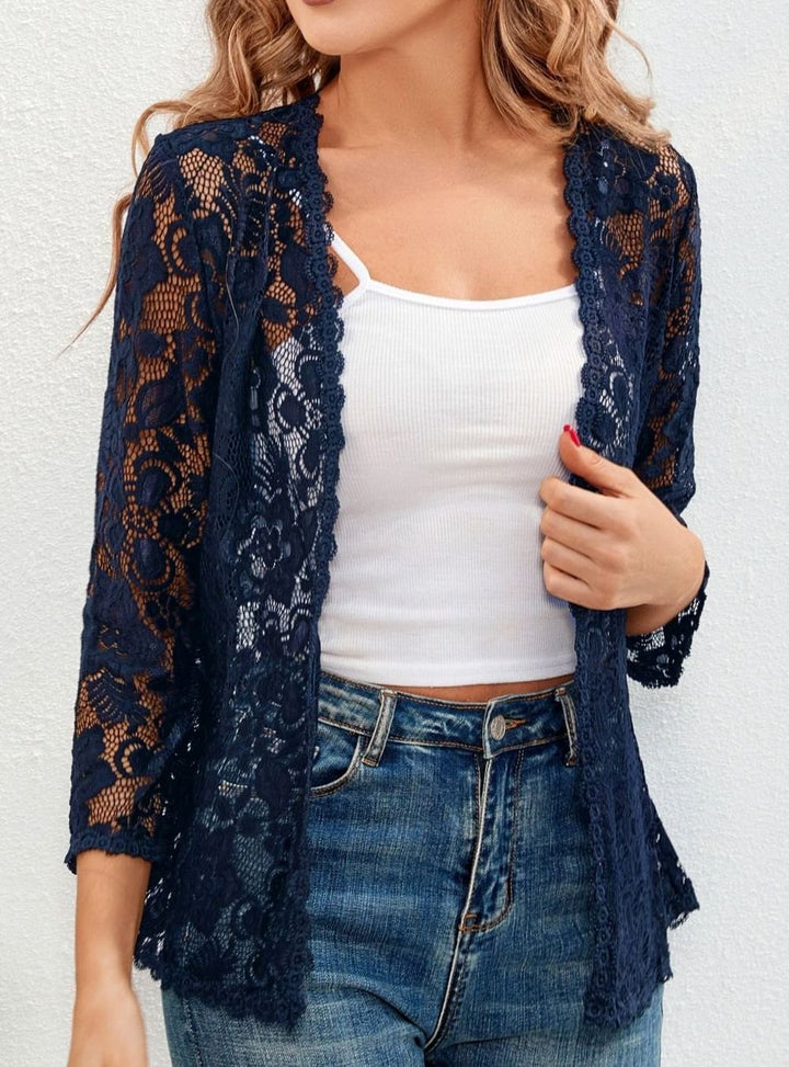Women's Floral Lace Open-Front Three-Quarter Sleeve Cardigan