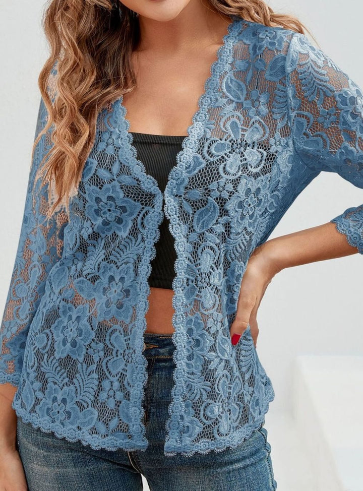 Women's Floral Lace Open-Front Three-Quarter Sleeve Cardigan