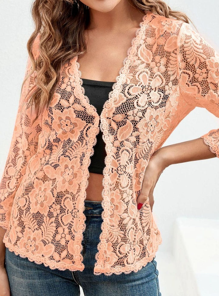 Women's Floral Lace Open-Front Three-Quarter Sleeve Cardigan