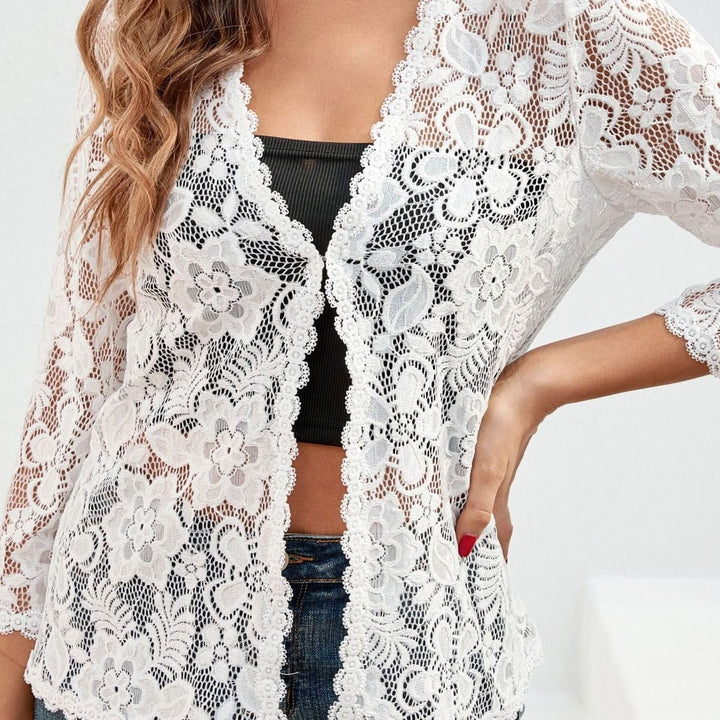 Women's Floral Lace Open-Front Three-Quarter Sleeve Cardigan - White