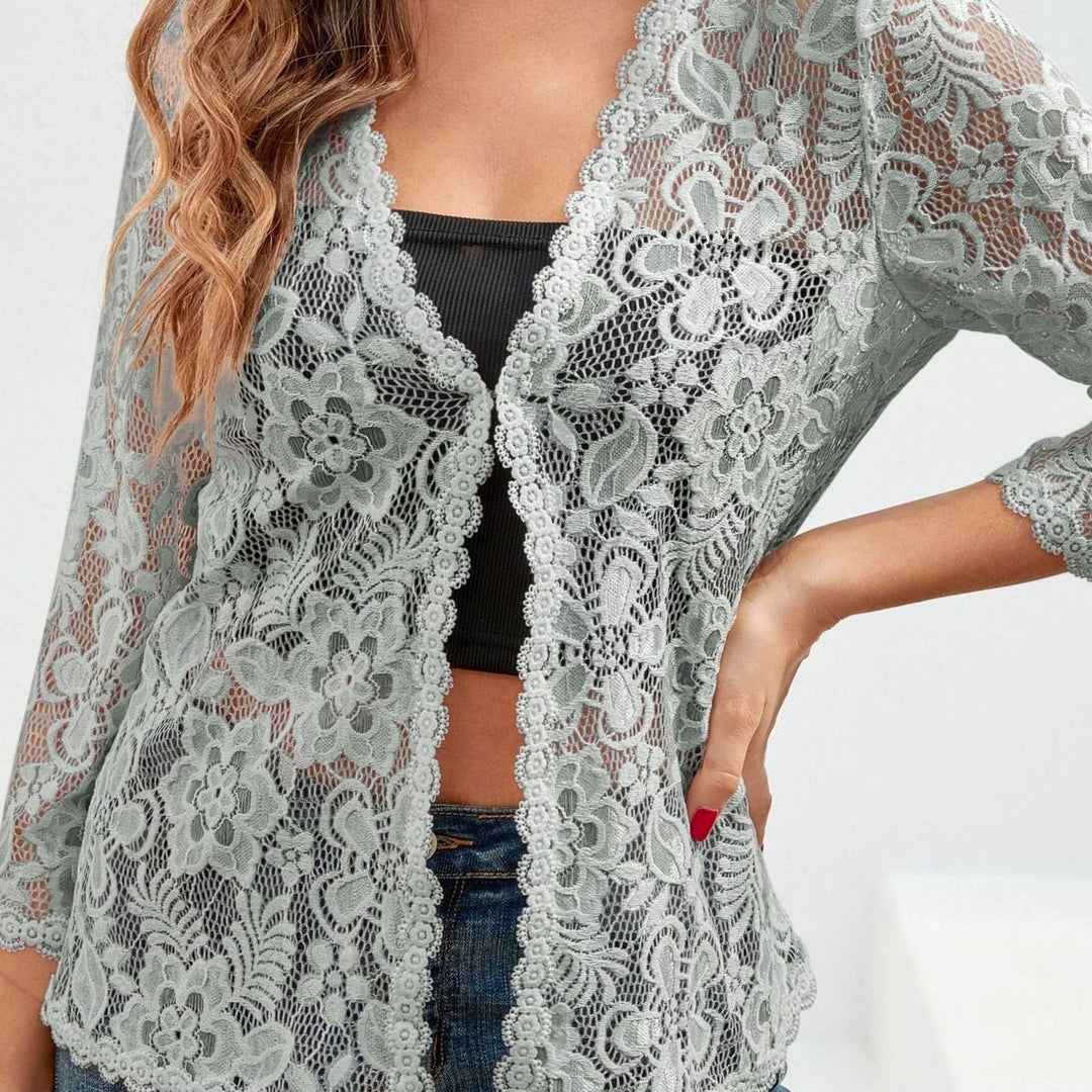 Women's Floral Lace Open-Front Three-Quarter Sleeve Cardigan - Silver Gray