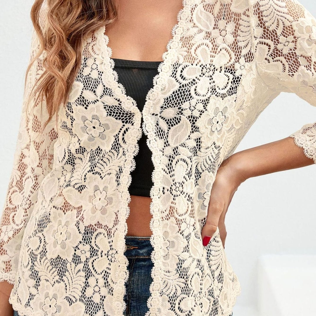 Women's Floral Lace Open-Front Three-Quarter Sleeve Cardigan - Apricot