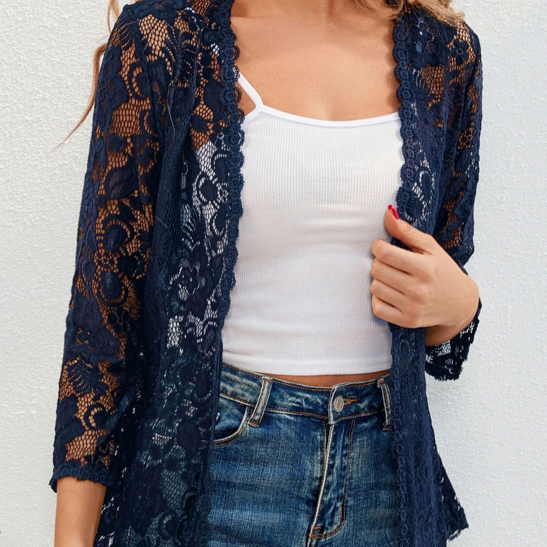 Women's Floral Lace Open-Front Three-Quarter Sleeve Cardigan - Navy Blue