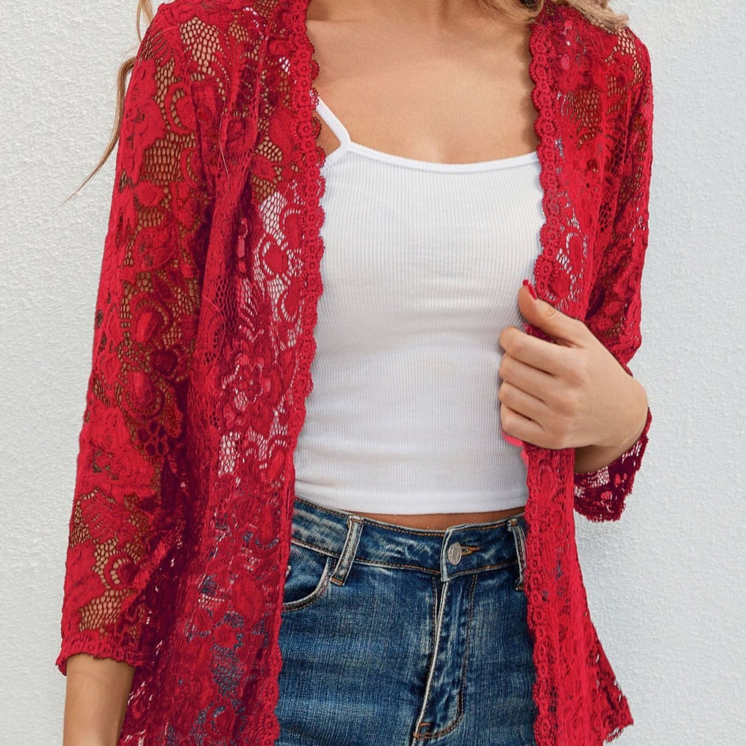 Women's Floral Lace Open-Front Three-Quarter Sleeve Cardigan - Red