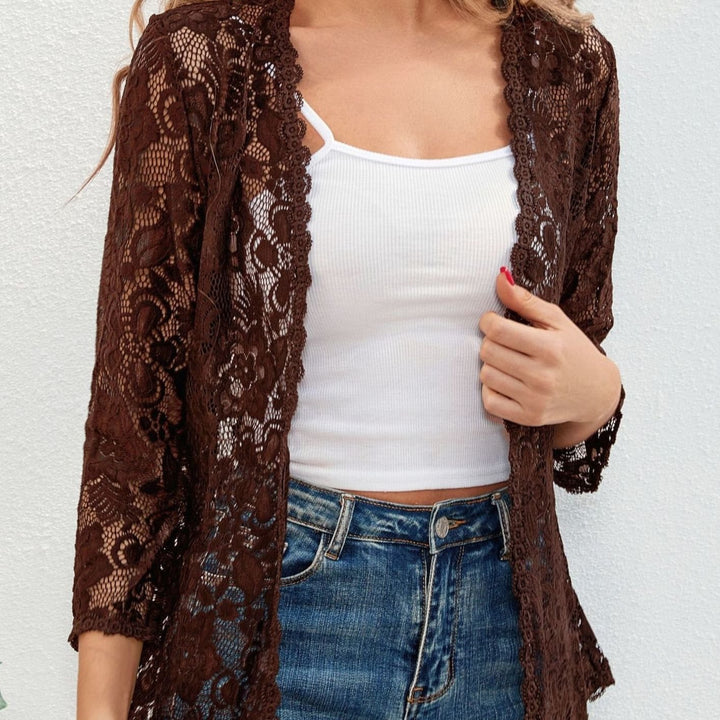 Women's Floral Lace Open-Front Three-Quarter Sleeve Cardigan - Coffee Brown