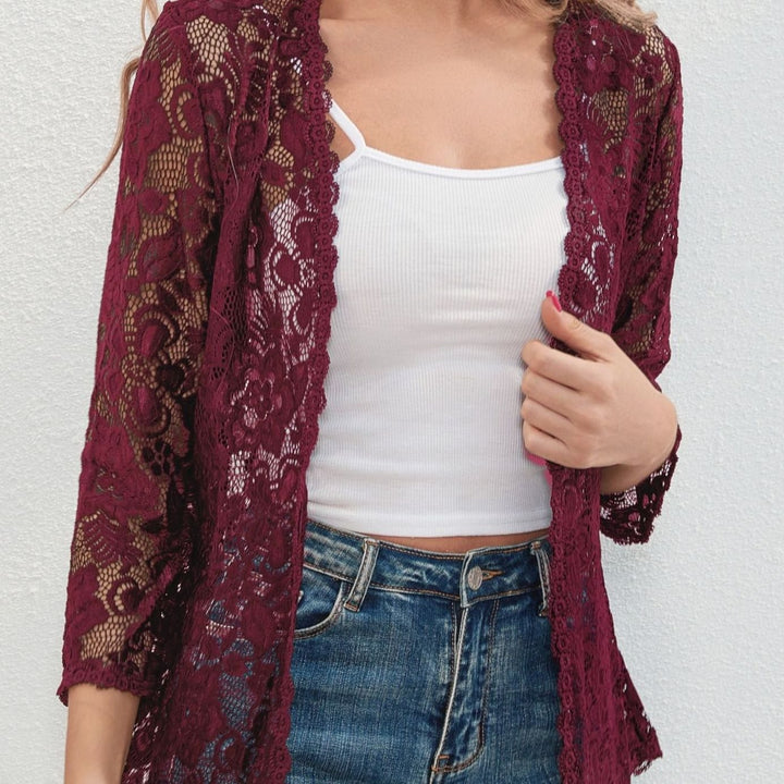 Women's Floral Lace Open-Front Three-Quarter Sleeve Cardigan - Wine Red