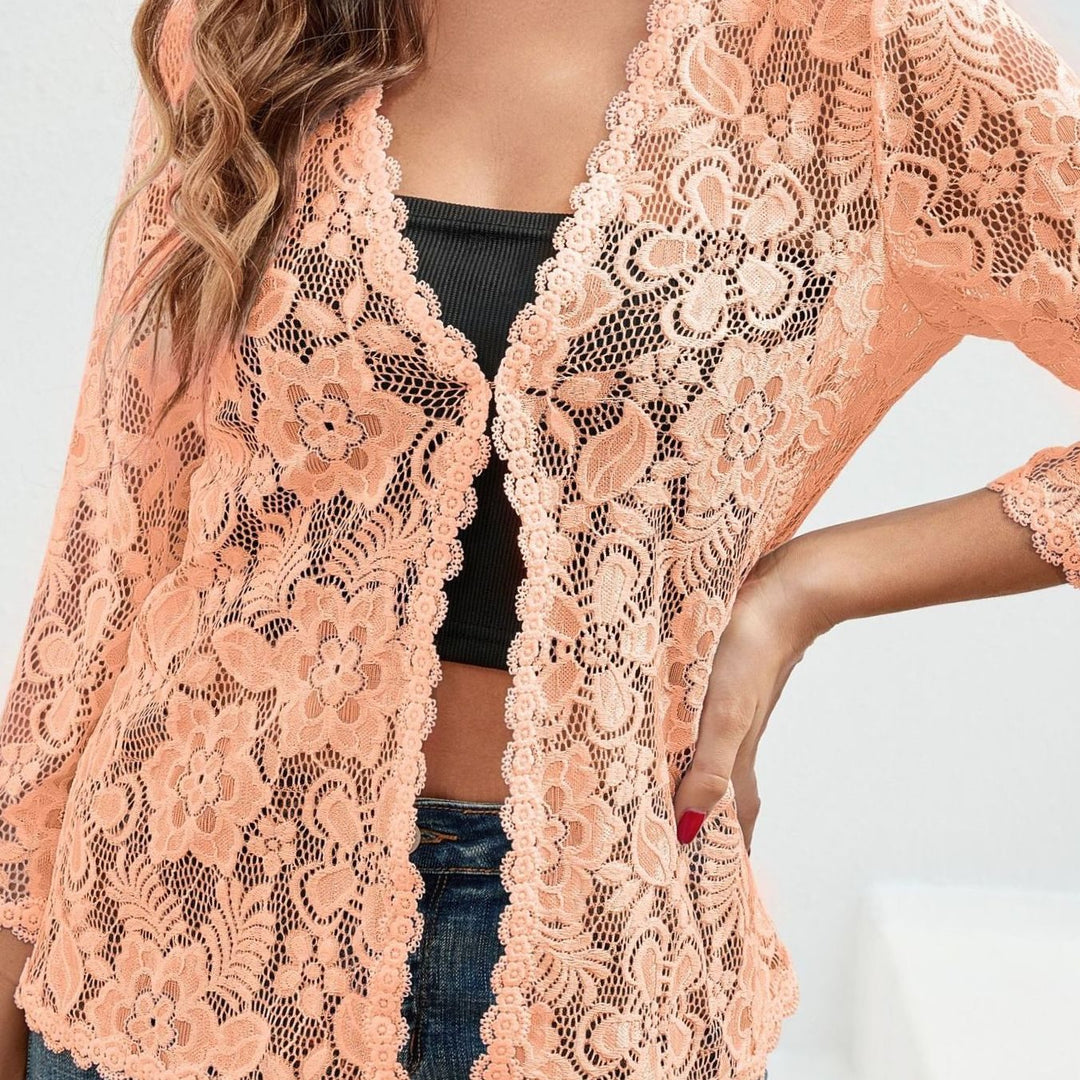 Women's Floral Lace Open-Front Three-Quarter Sleeve Cardigan - Orange Red