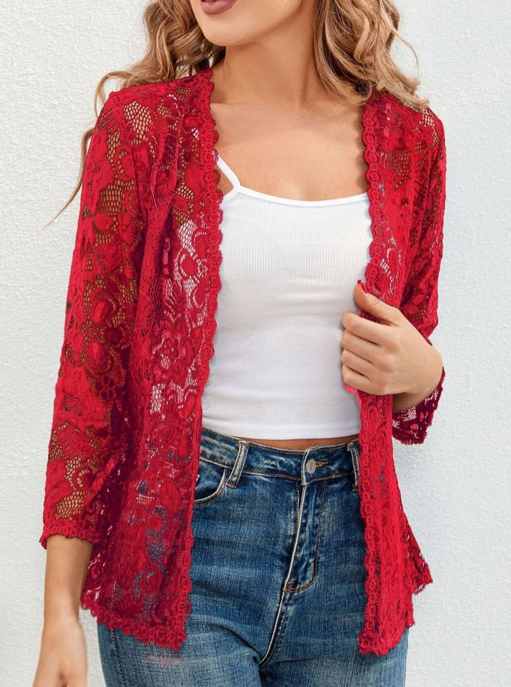 Women's Floral Lace Open-Front Three-Quarter Sleeve Cardigan