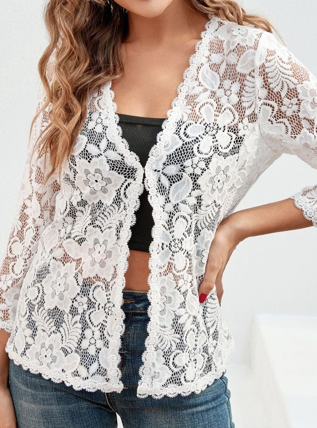 Women's Floral Lace Open-Front Three-Quarter Sleeve Cardigan