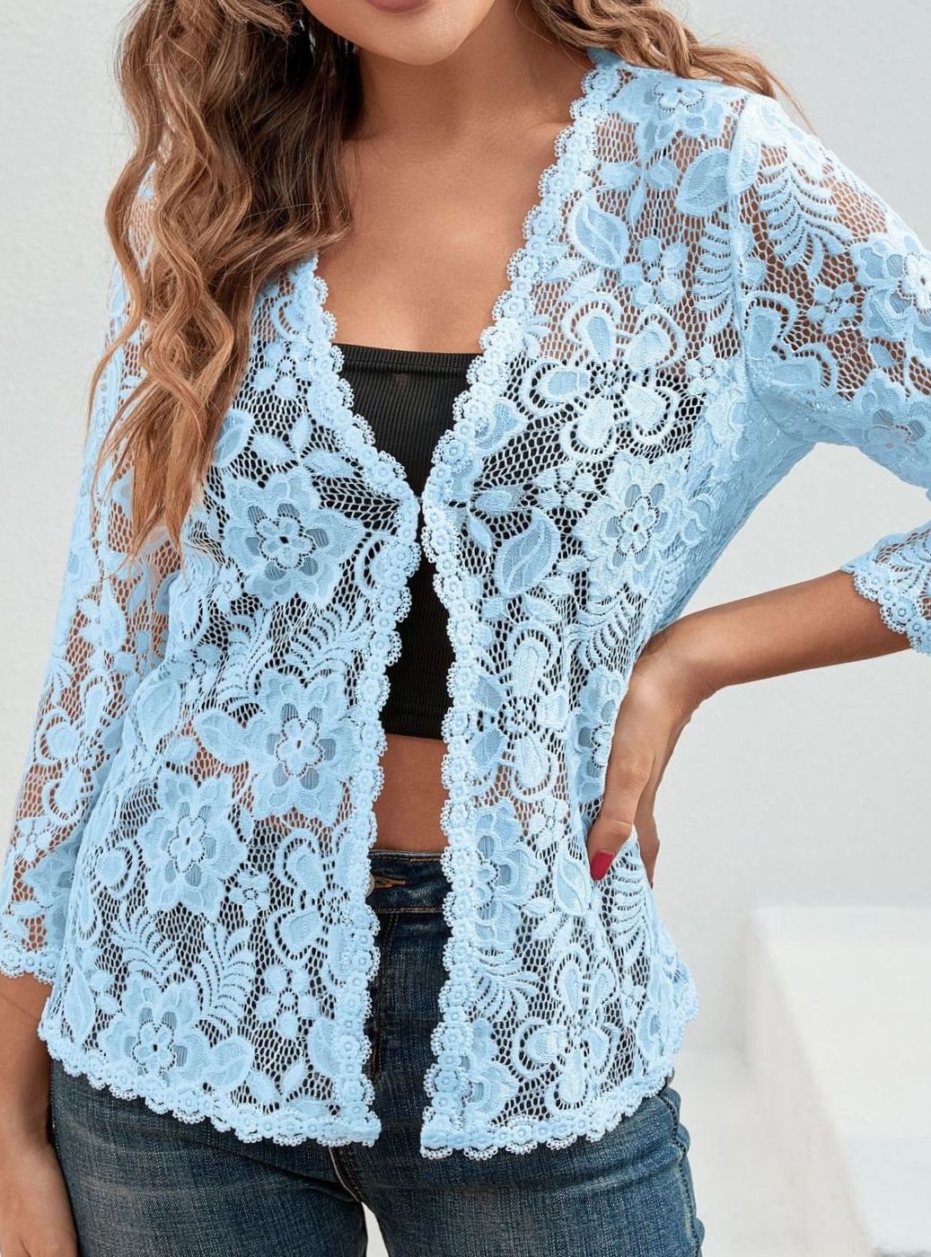Women's Floral Lace Open-Front Three-Quarter Sleeve Cardigan