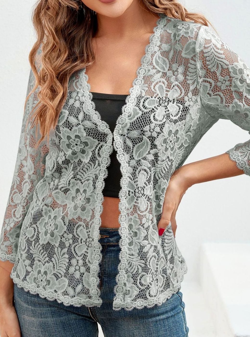 Women's Floral Lace Open-Front Three-Quarter Sleeve Cardigan