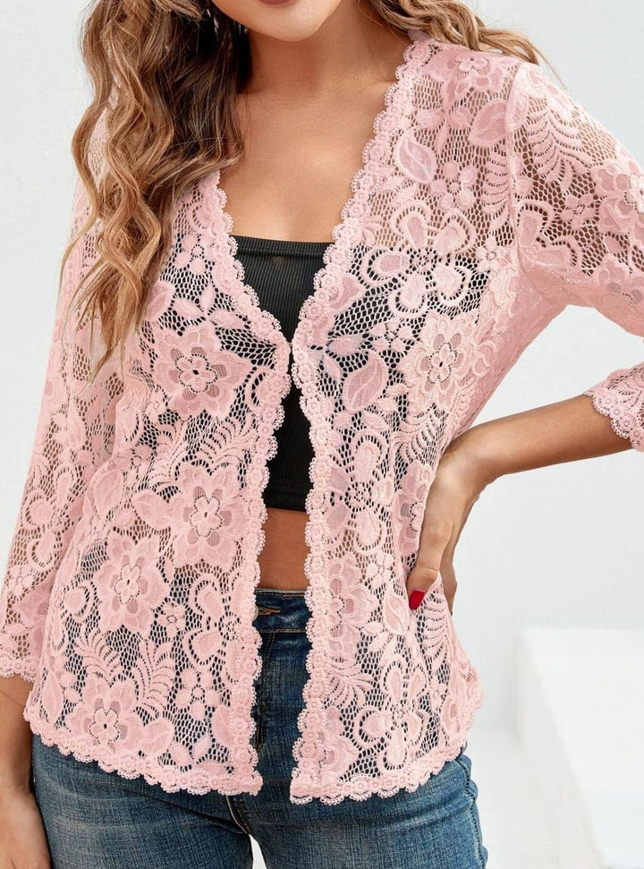 Women's Floral Lace Open-Front Three-Quarter Sleeve Cardigan