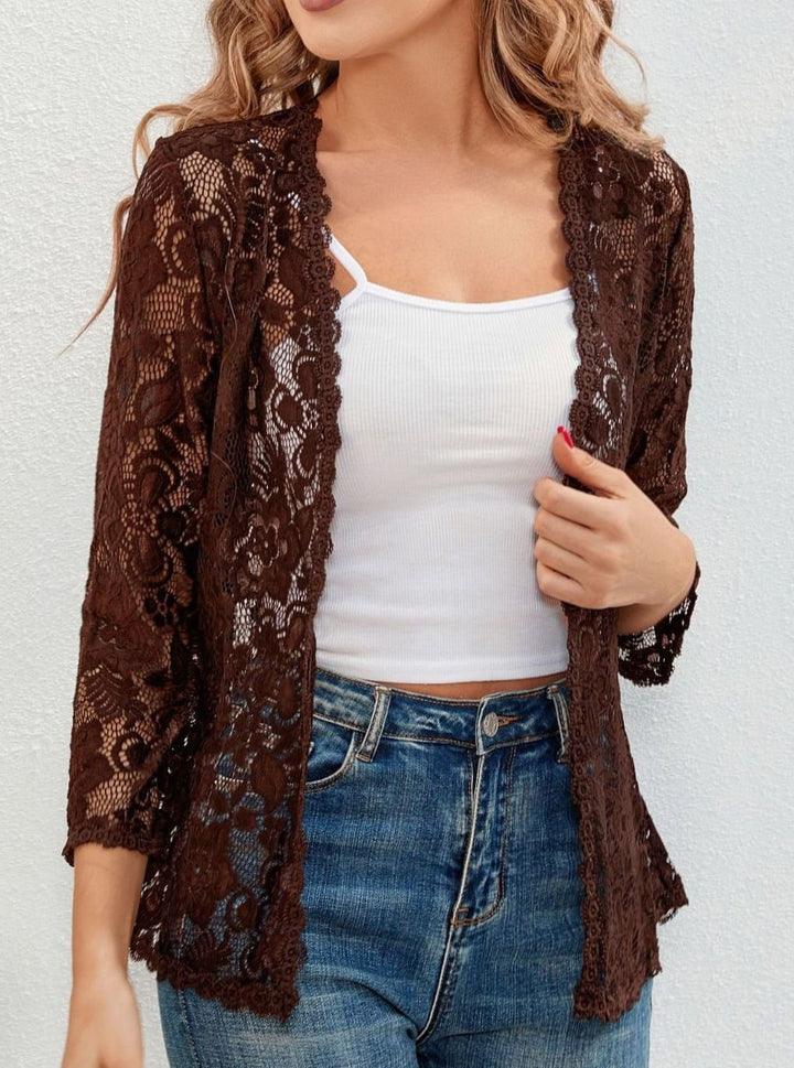 Women's Floral Lace Open-Front Three-Quarter Sleeve Cardigan