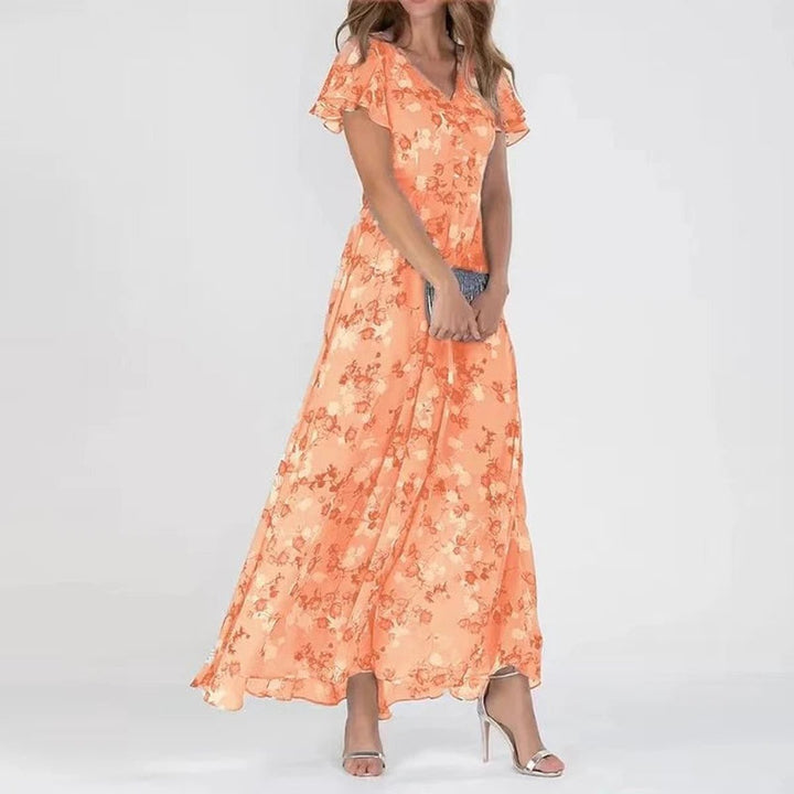 Women's Floral Maxi Cocktail Party Dress Flutter Sleeve V-Neck - Orange (Almost Sold Out)