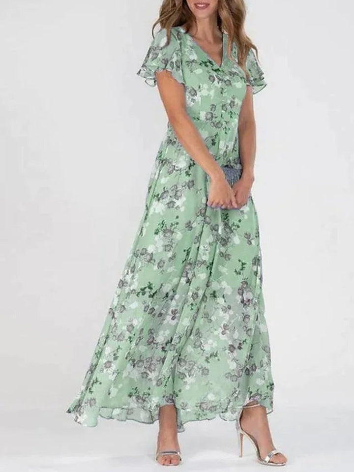 Women's Floral Maxi Cocktail Party Dress Flutter Sleeve V-Neck - Green (Almost Sold Out)