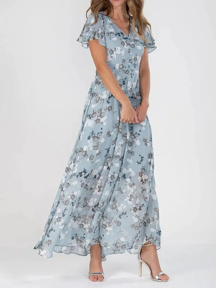 Women's Floral Maxi Cocktail Party Dress Flutter Sleeve V-Neck - Blue