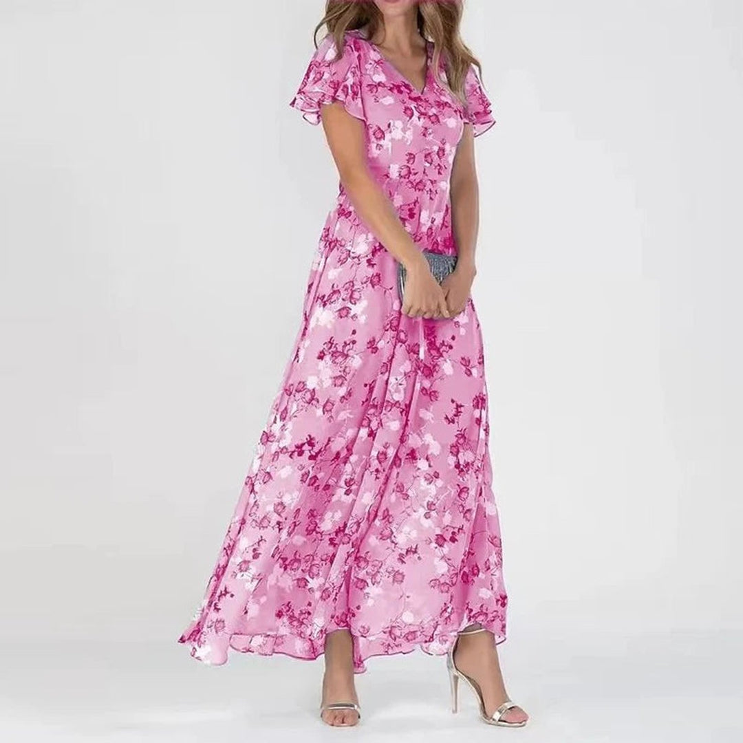 Women's Floral Maxi Cocktail Party Dress Flutter Sleeve V-Neck - Pink
