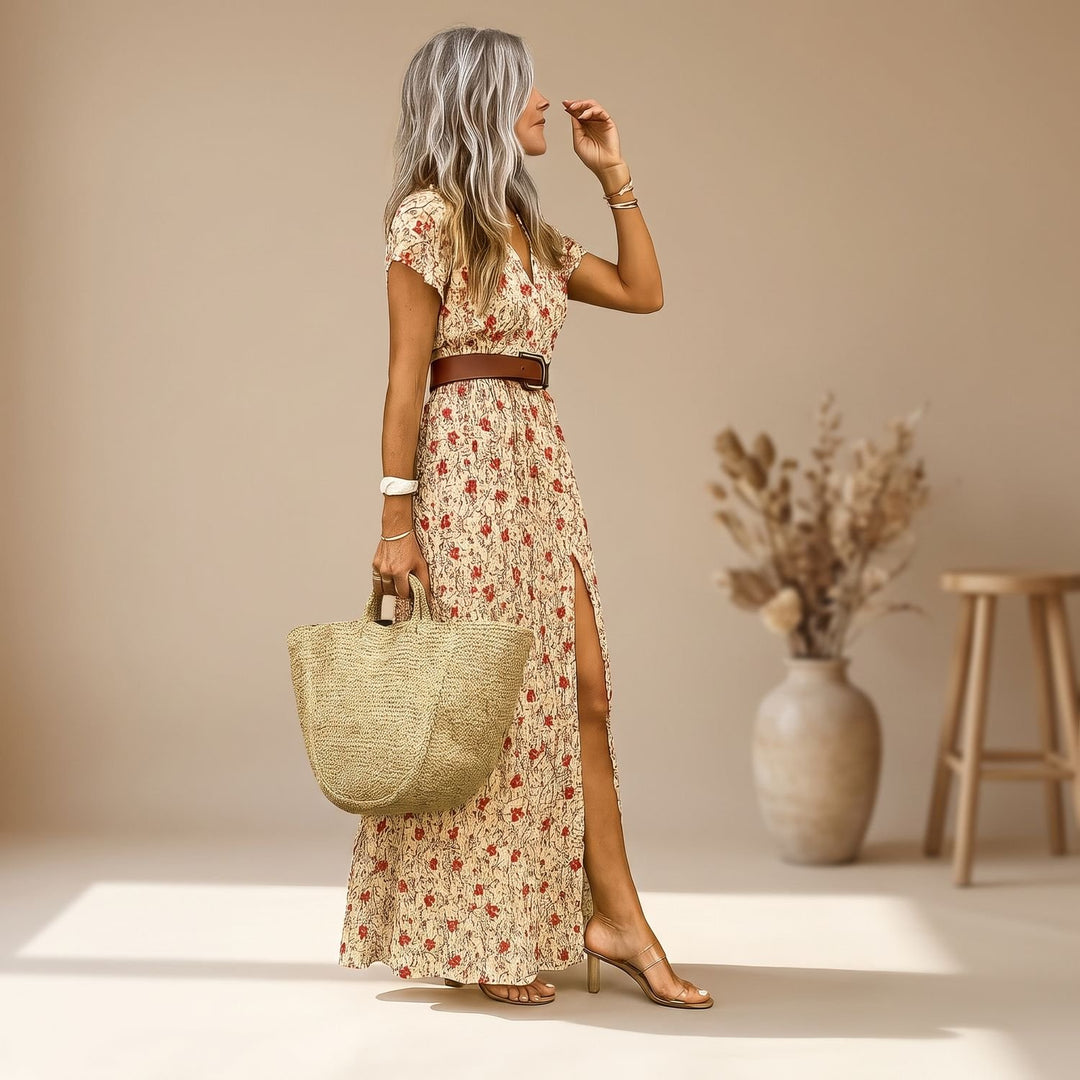 Women's Floral Maxi Dress Smocked Waist Side Slit Belt Included - Beige