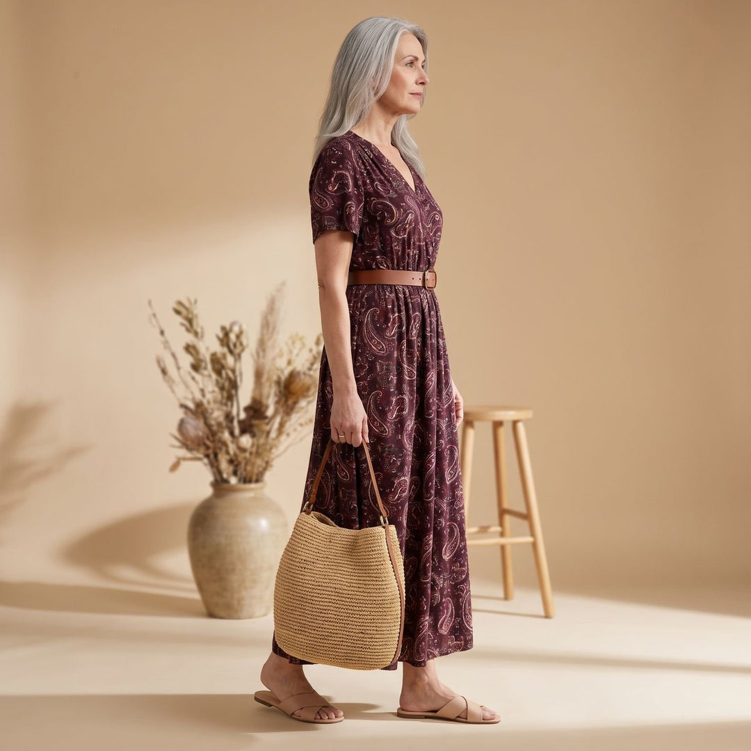 Women's Floral Maxi Dress Smocked Waist Side Slit Belt Included - Burgundy
