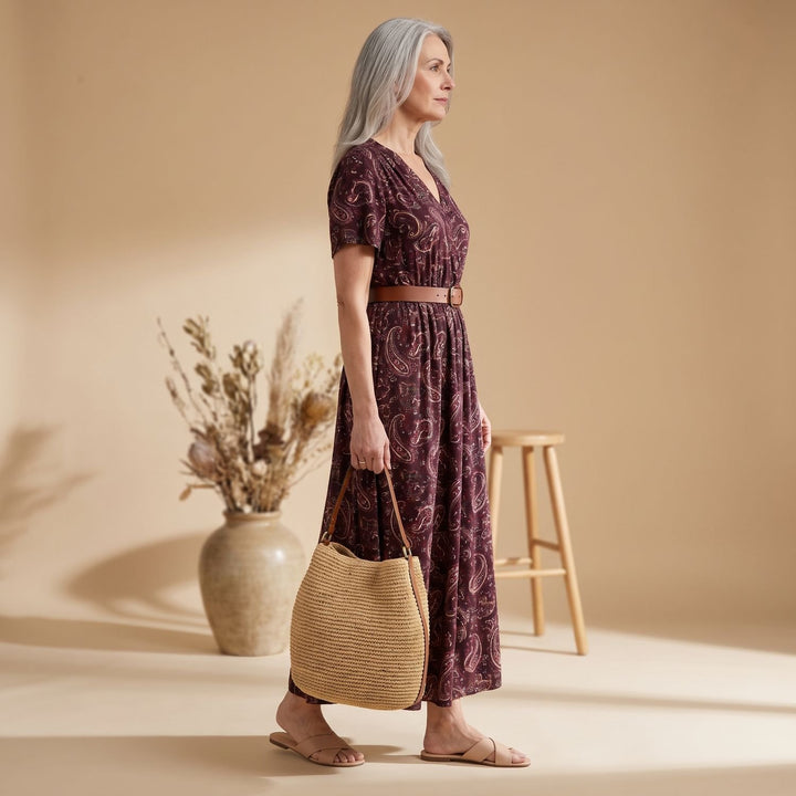 Women's Floral Maxi Dress Smocked Waist Side Slit Belt Included - Burgundy