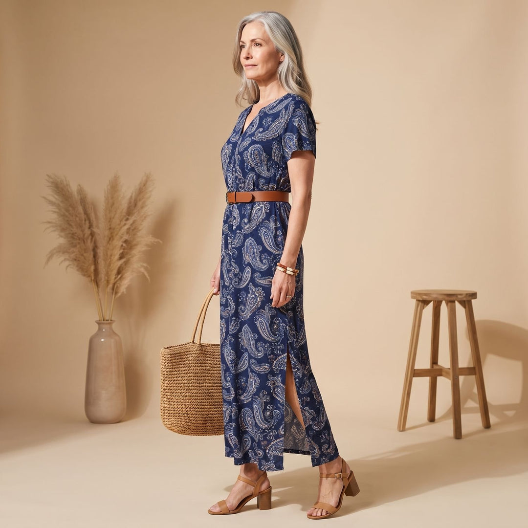 Women's Floral Maxi Dress Smocked Waist Side Slit Belt Included - Navy Blue