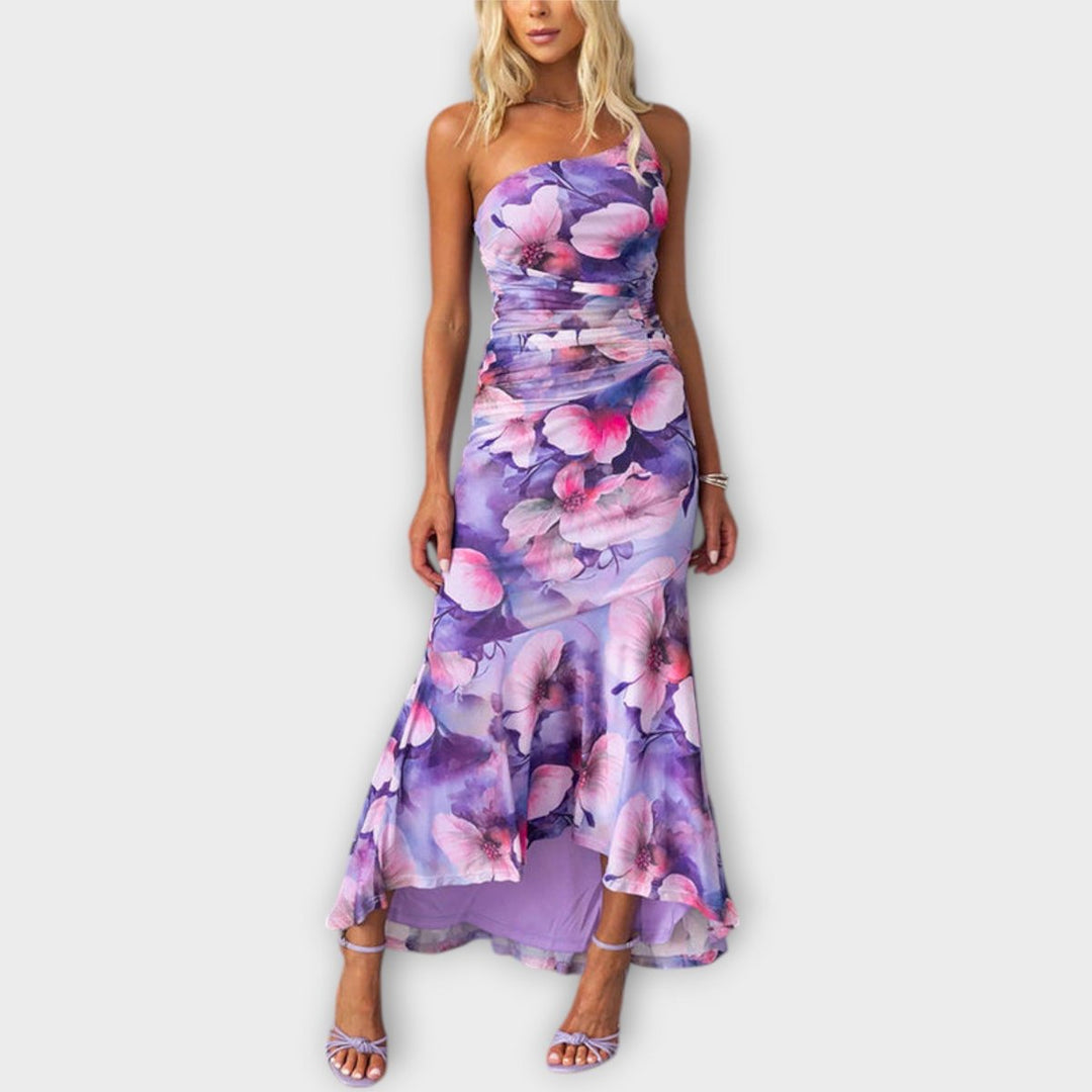 Women's Floral Mesh Ruched Asymmetric Neckline Maxi Dress - Purple