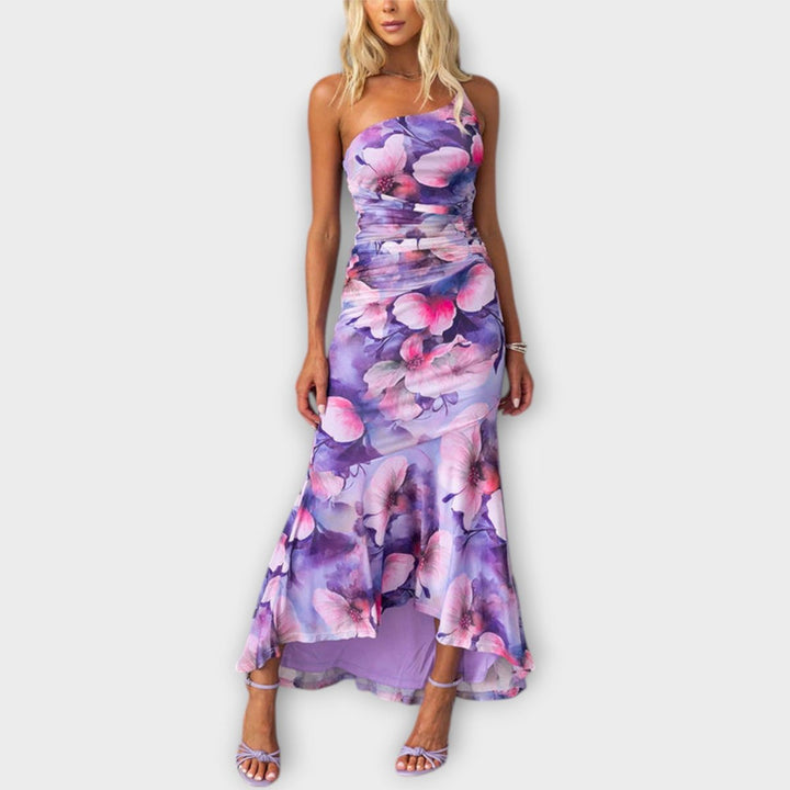 Women's Floral Mesh Ruched Asymmetric Neckline Maxi Dress - Purple