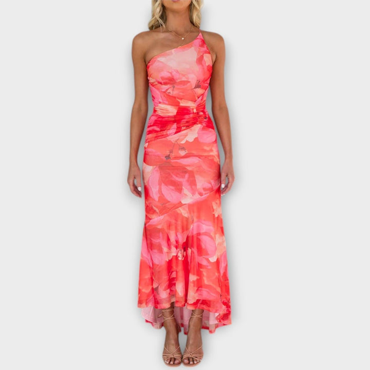 Women's Floral Mesh Ruched Asymmetric Neckline Maxi Dress