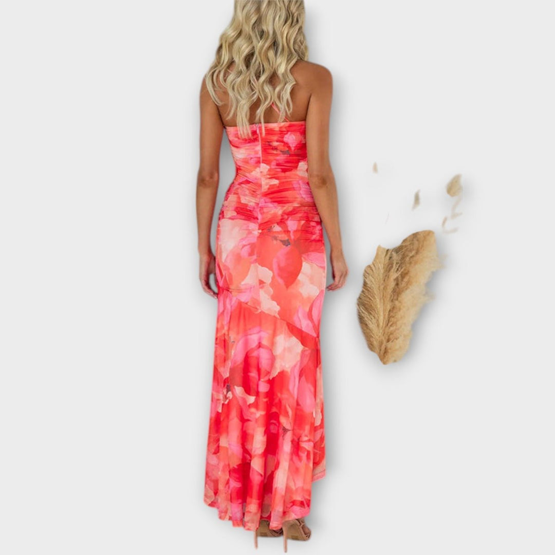 Women's Floral Mesh Ruched Asymmetric Neckline Maxi Dress