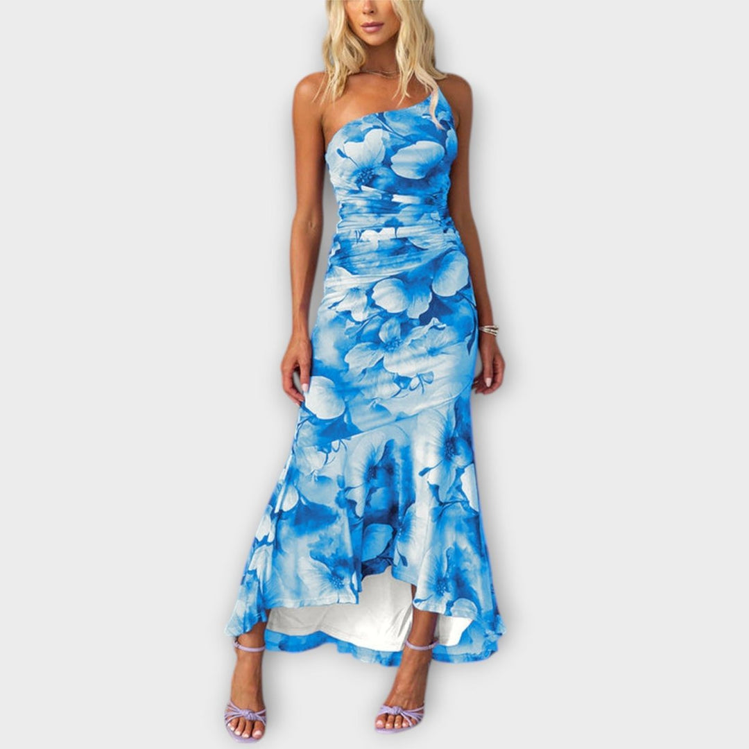 Women's Floral Mesh Ruched Asymmetric Neckline Maxi Dress - Blue