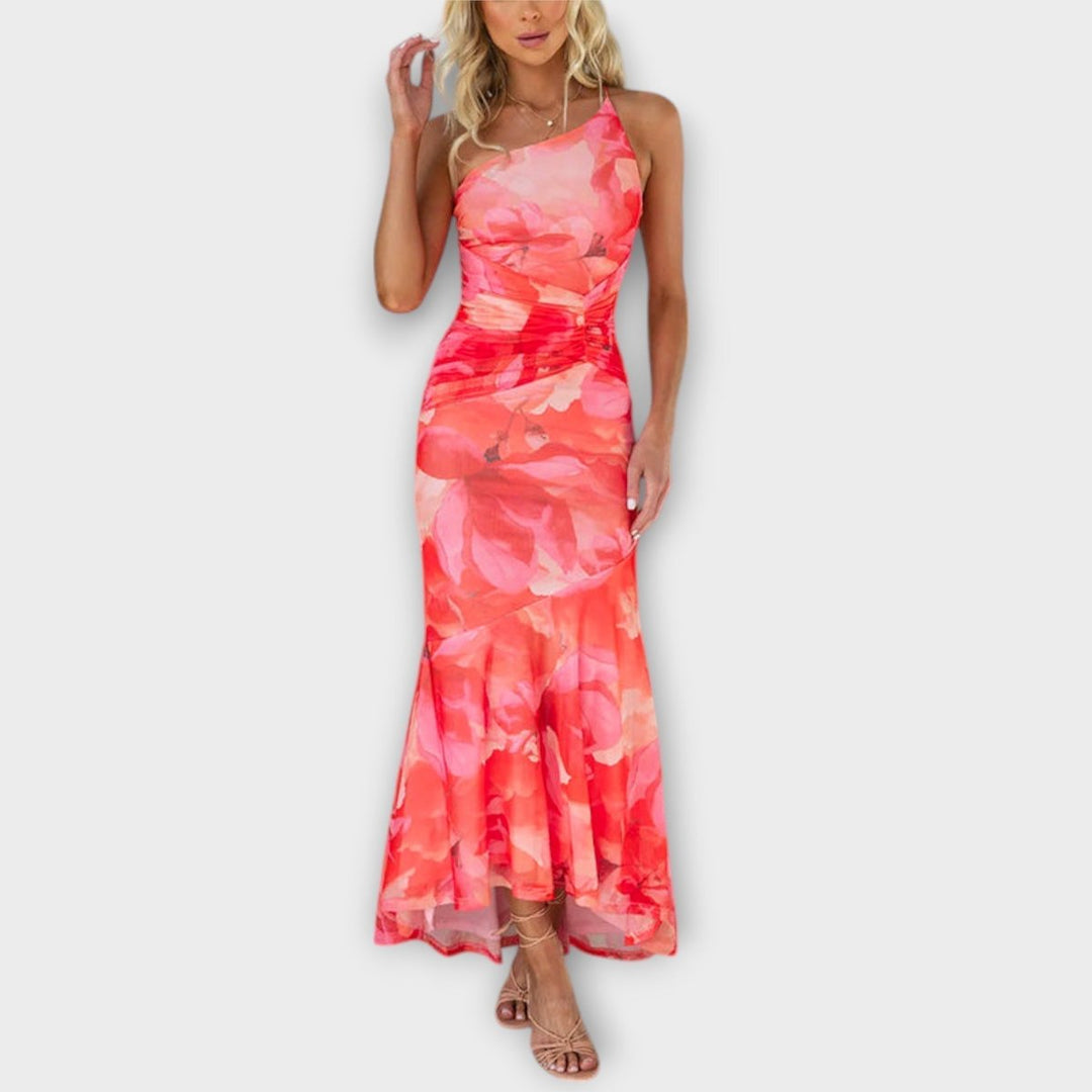 Women's Floral Mesh Ruched Asymmetric Neckline Maxi Dress - Pink