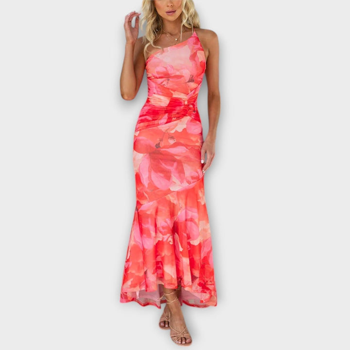 Women's Floral Mesh Ruched Asymmetric Neckline Maxi Dress - Pink