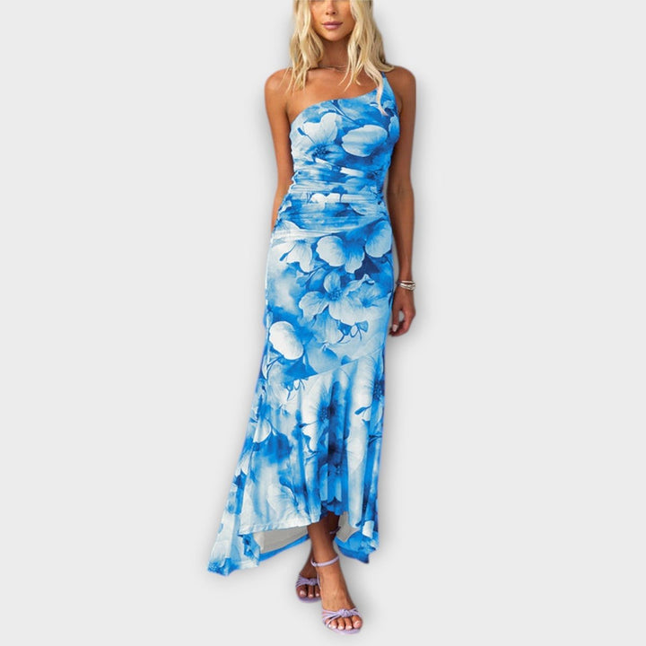 Women's Floral Mesh Ruched Asymmetric Neckline Maxi Dress