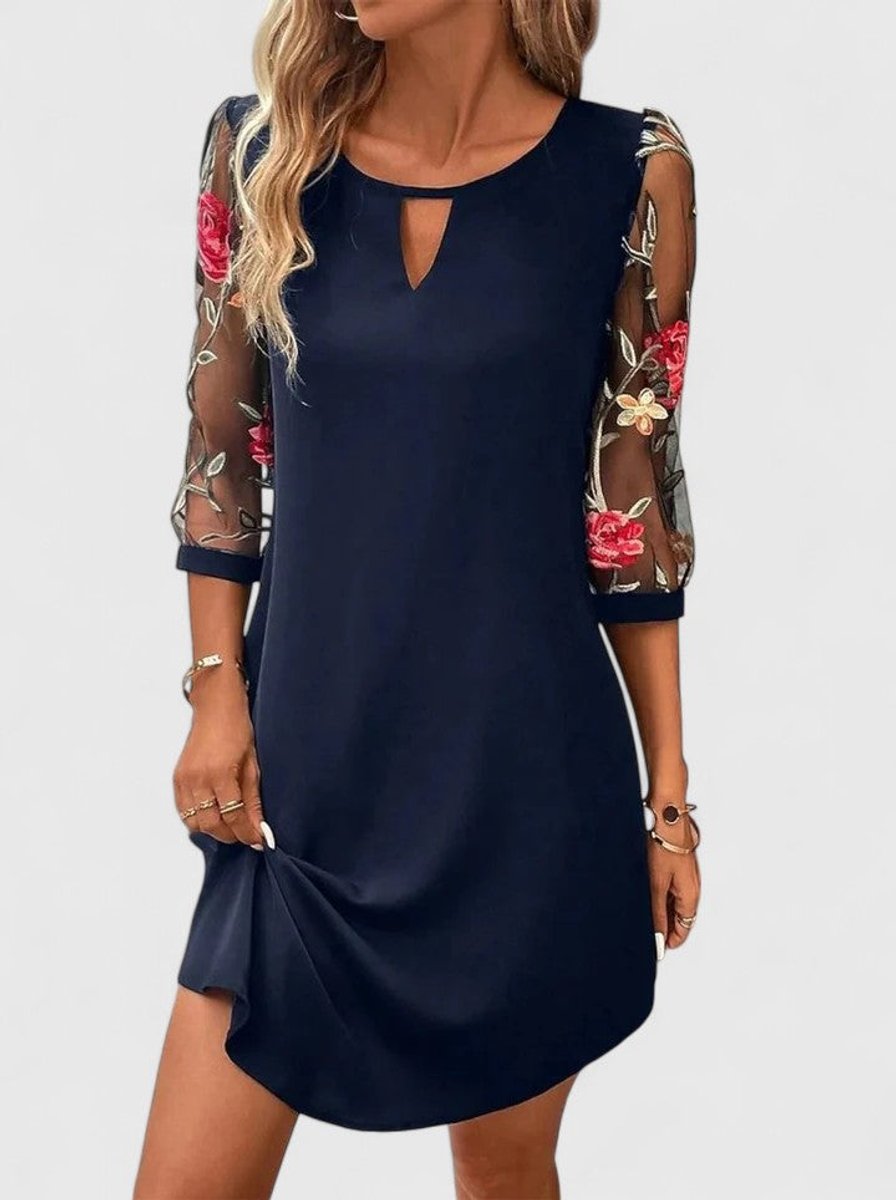 Women's Floral Mesh-Sleeve Keyhole Mini Shift Dress - Navy Blue