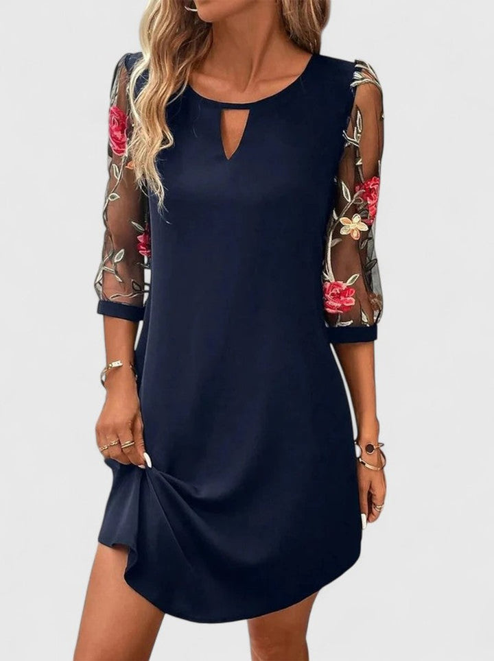 Women's Floral Mesh-Sleeve Keyhole Mini Shift Dress - Navy Blue