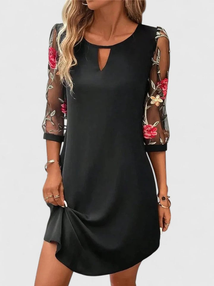 Women's Floral Mesh-Sleeve Keyhole Mini Shift Dress - Black