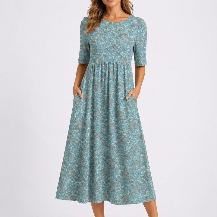 Women's Floral Midi Fall Wedding Guest Dress Short Sleeve