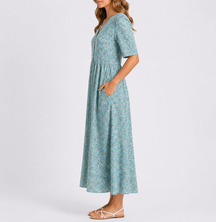 Women's Floral Midi Fall Wedding Guest Dress Short Sleeve