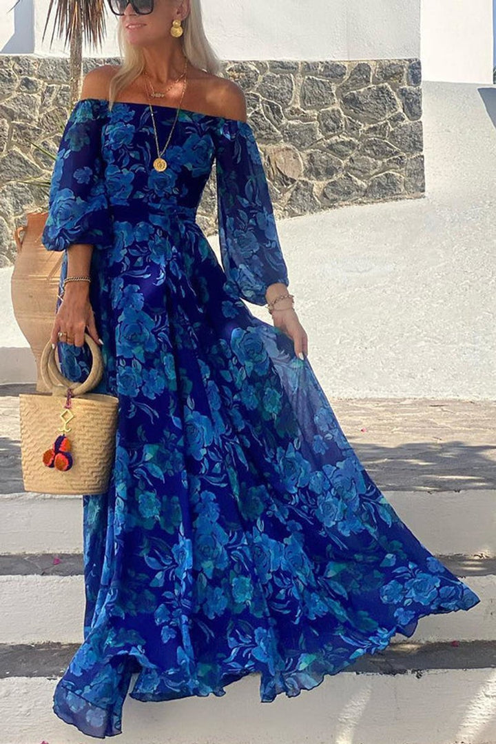 Women's Floral Off-Shoulder Maxi Cocktail Dress Long Sleeve A-Line - Blue